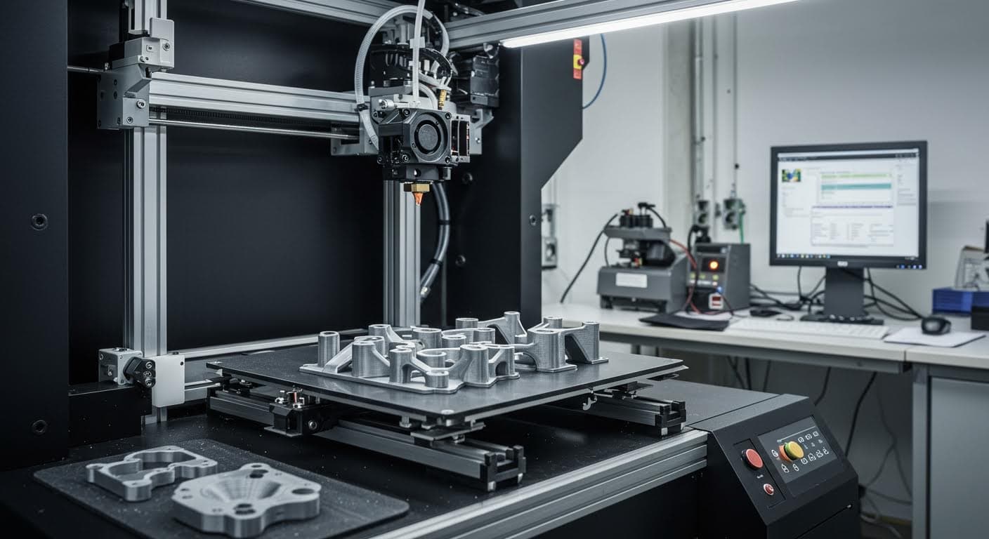 Industrial scene of a 3D printer outputting parts that are immediately bonded with CA glue, emphasizing the machinery and finished products