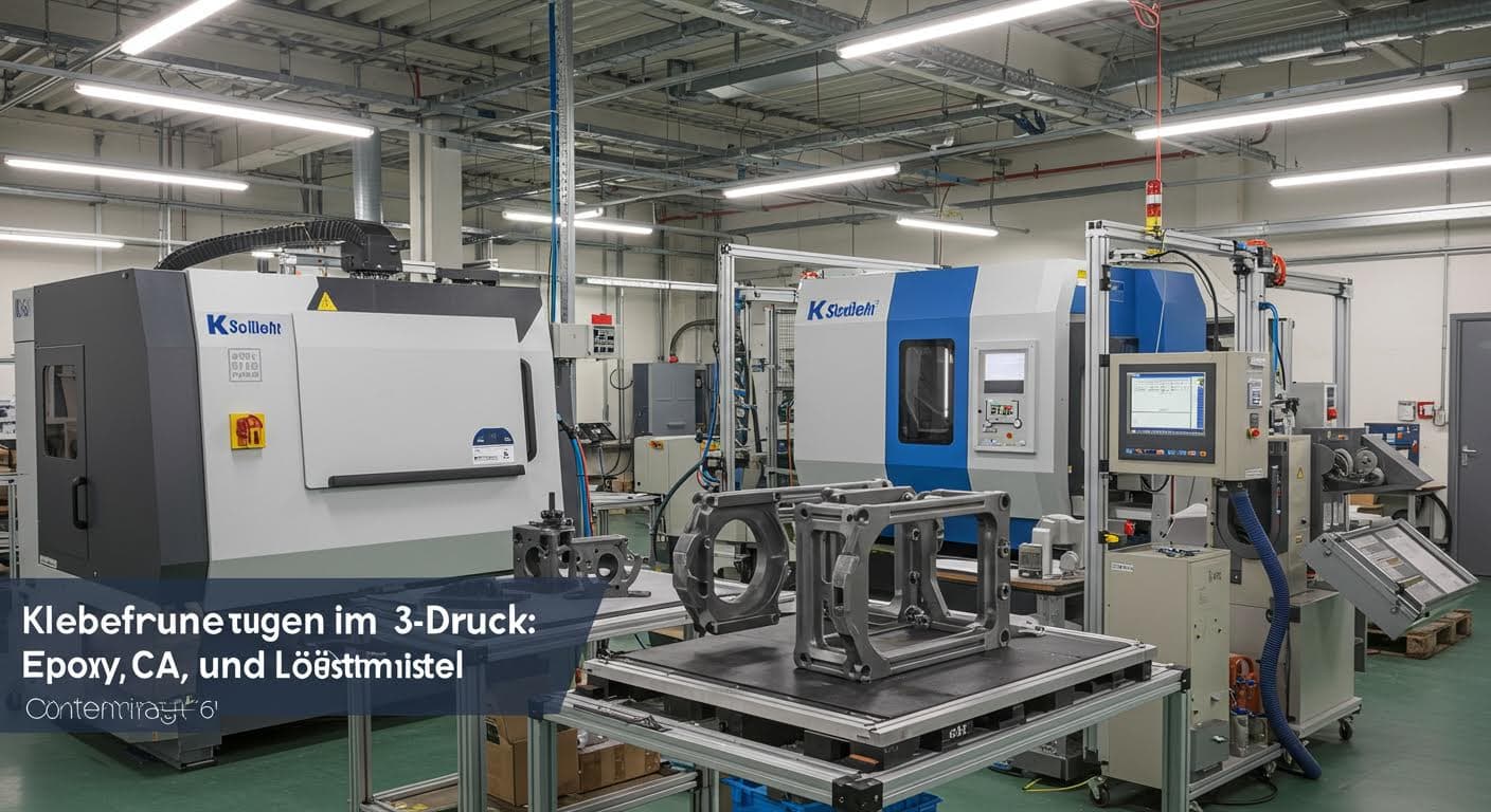 Overview of a manufacturing facility in Baden-Württemberg with 3D-printed assemblies bonded using various adhesives, showcasing equipment and workflows