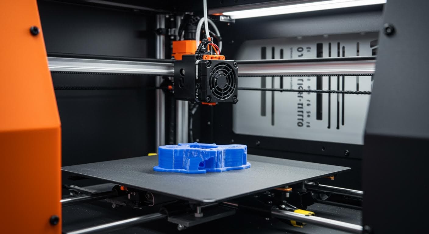 Hochauflösendes Foto eines FDM-3D-Druckers mit sichtbarem Aux-Lüfter, der Luft auf ein frisch gedrucktes PLA-Bauteil bläst, in industrieller Umgebung ohne jegliche Text oder Labels