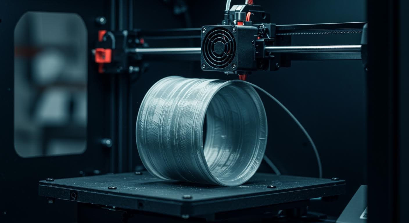 Nahaufnahme eines PLA-Filaments, das extrudiert wird und abkühlt, mit Fokus auf die Schichtstruktur, professionelle Beleuchtung, reine visuelle Darstellung