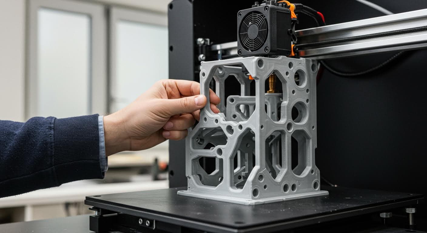 Detailansicht eines 3D-gedruckten Bauteils mit komplexen Überhängen und Brücken, demonstrierend perfekte Kühlung, hochauflösend und textfrei