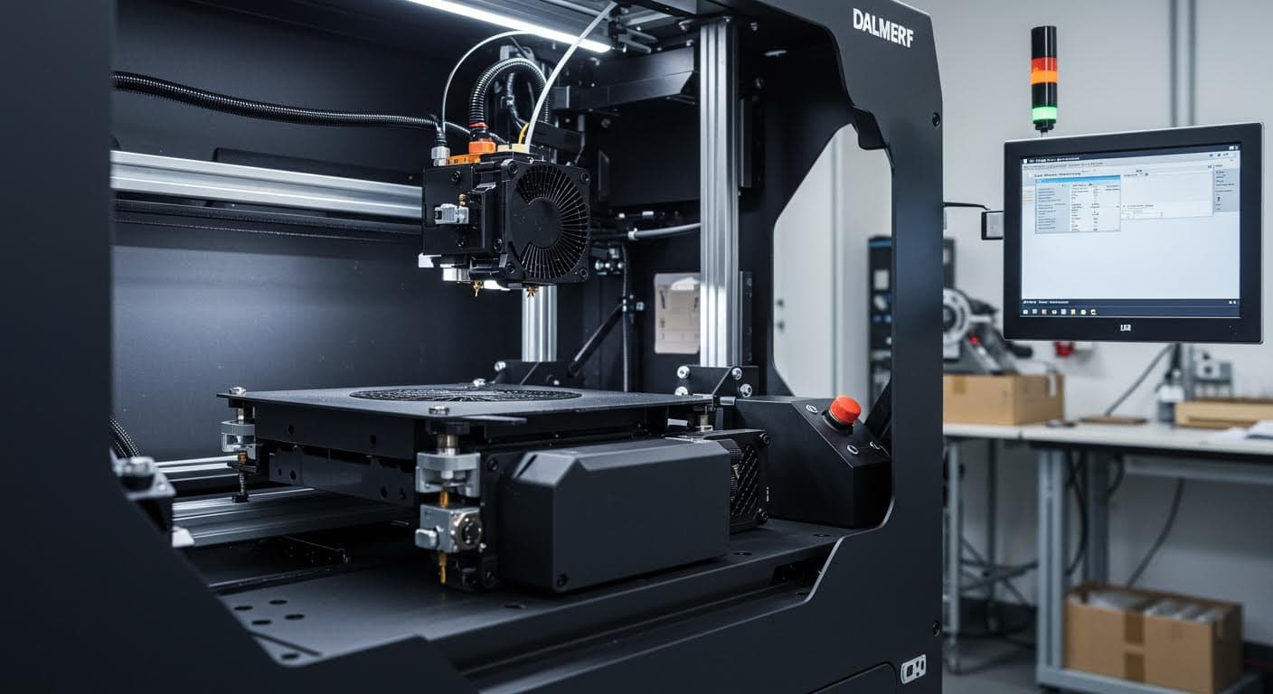 Industriefotografie einer additiven Fertigungsanlage in einem Werkstattumfeld, zeigend Kühlkomponenten bei der Arbeit, magazinqualität ohne Beschriftungen
