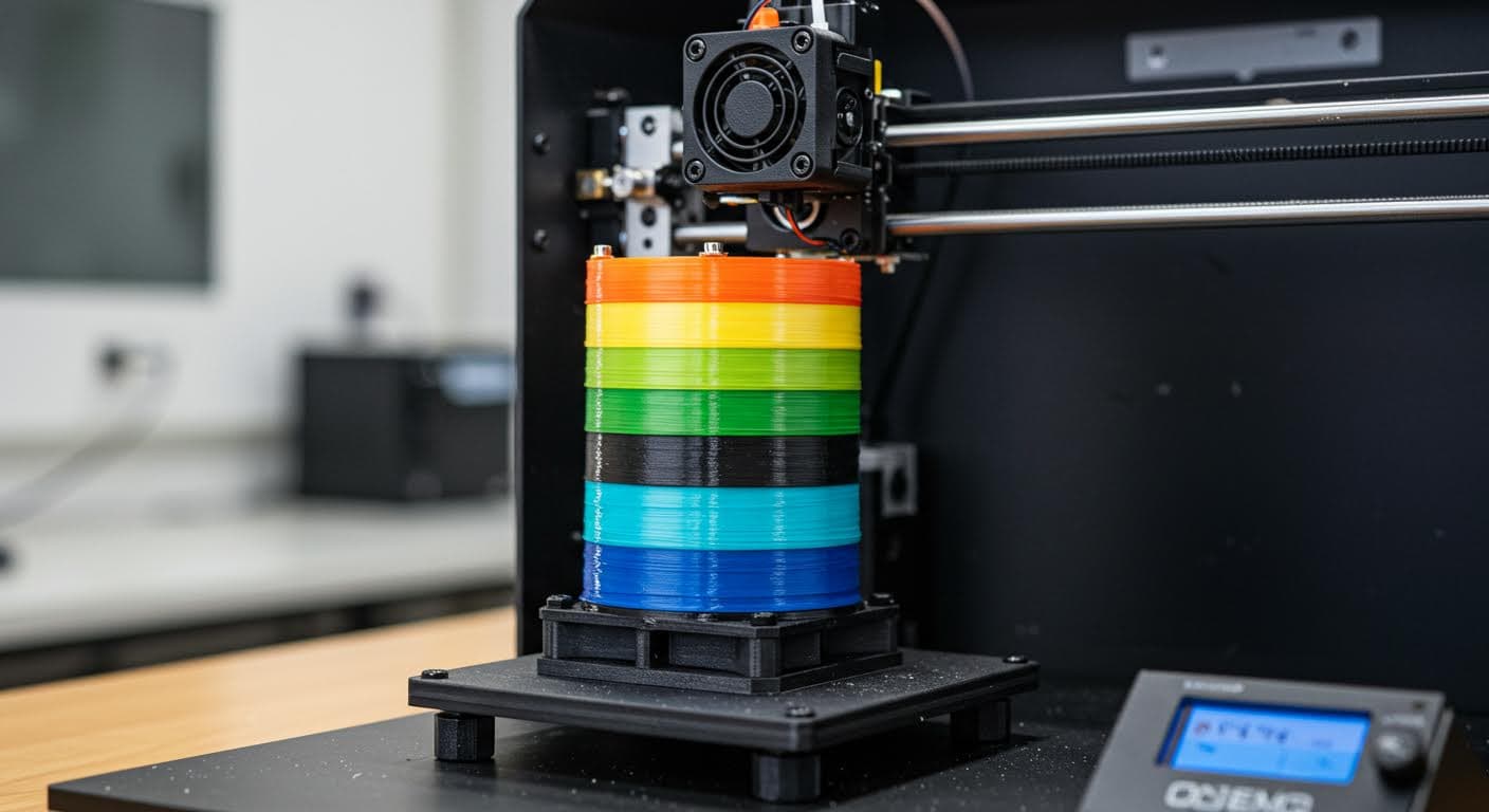 Visuelle Darstellung eines Kalibrierungsturms für Kühltests aus PLA, mit variierenden Schichten, professionell fotografiert, keine Schriften oder Logos