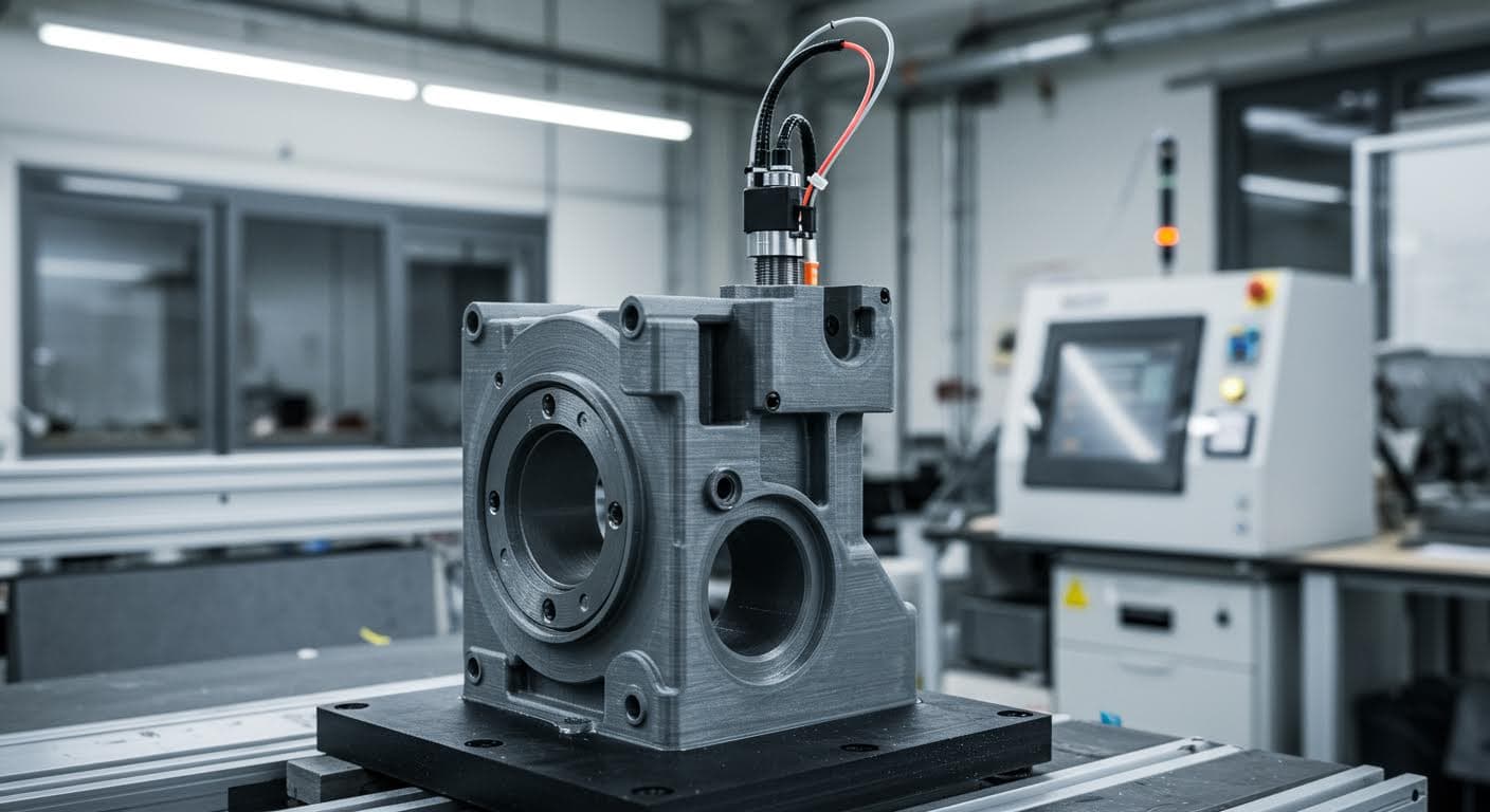 Hochauflösendes Foto eines 3D-gedruckten Kunststoffbauteils mit integrierter Schraubverbindung in industrieller Umgebung