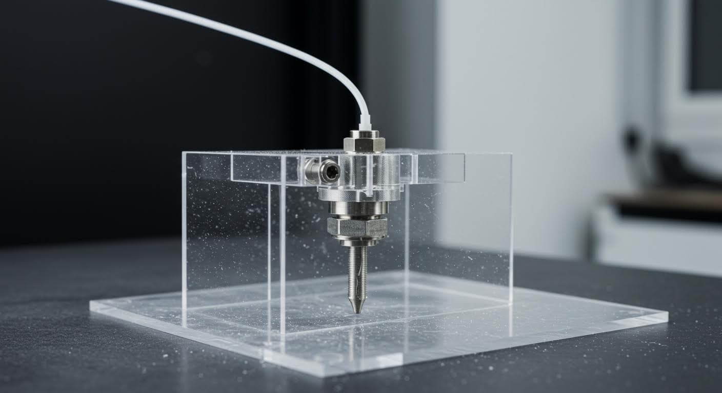 Nahaufnahme einer gewindeformenden Schraube, die in ein transparentes Kunststoffmaterial eindringt