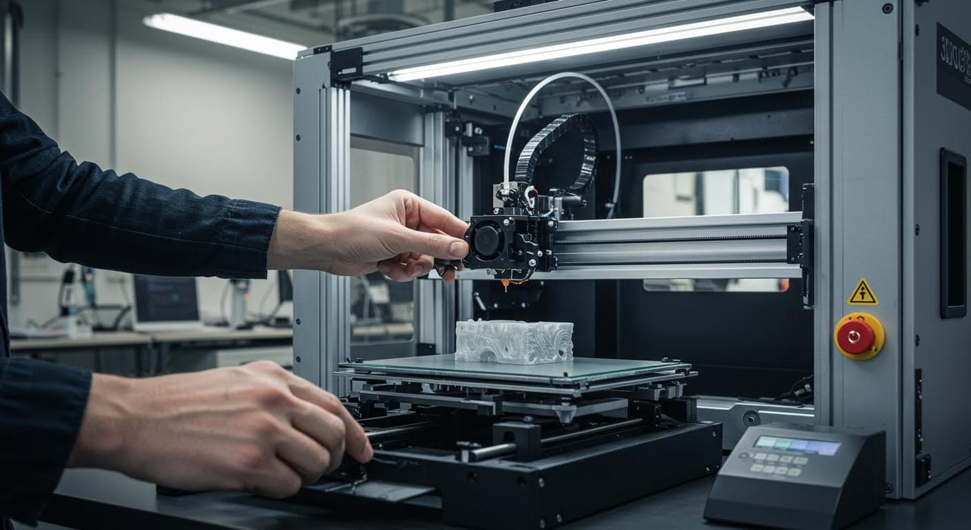 Hochauflösendes Foto eines 3D-Druckers beim Schichtaufbau, professionelle Industriefotografie ohne Text