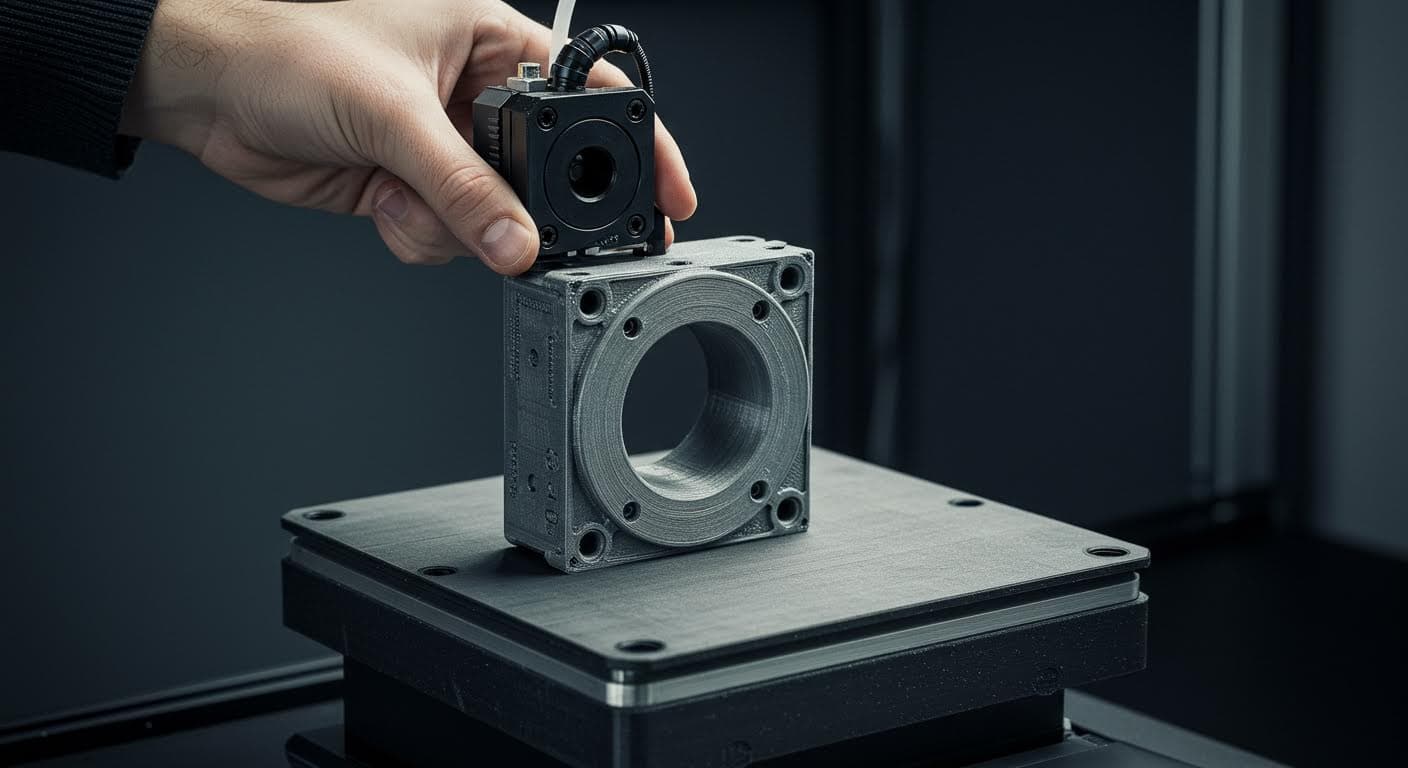 Hochwertige Aufnahme eines fertigen 3D-gedruckten Gehäuses mit mehreren Schraubverbindungen