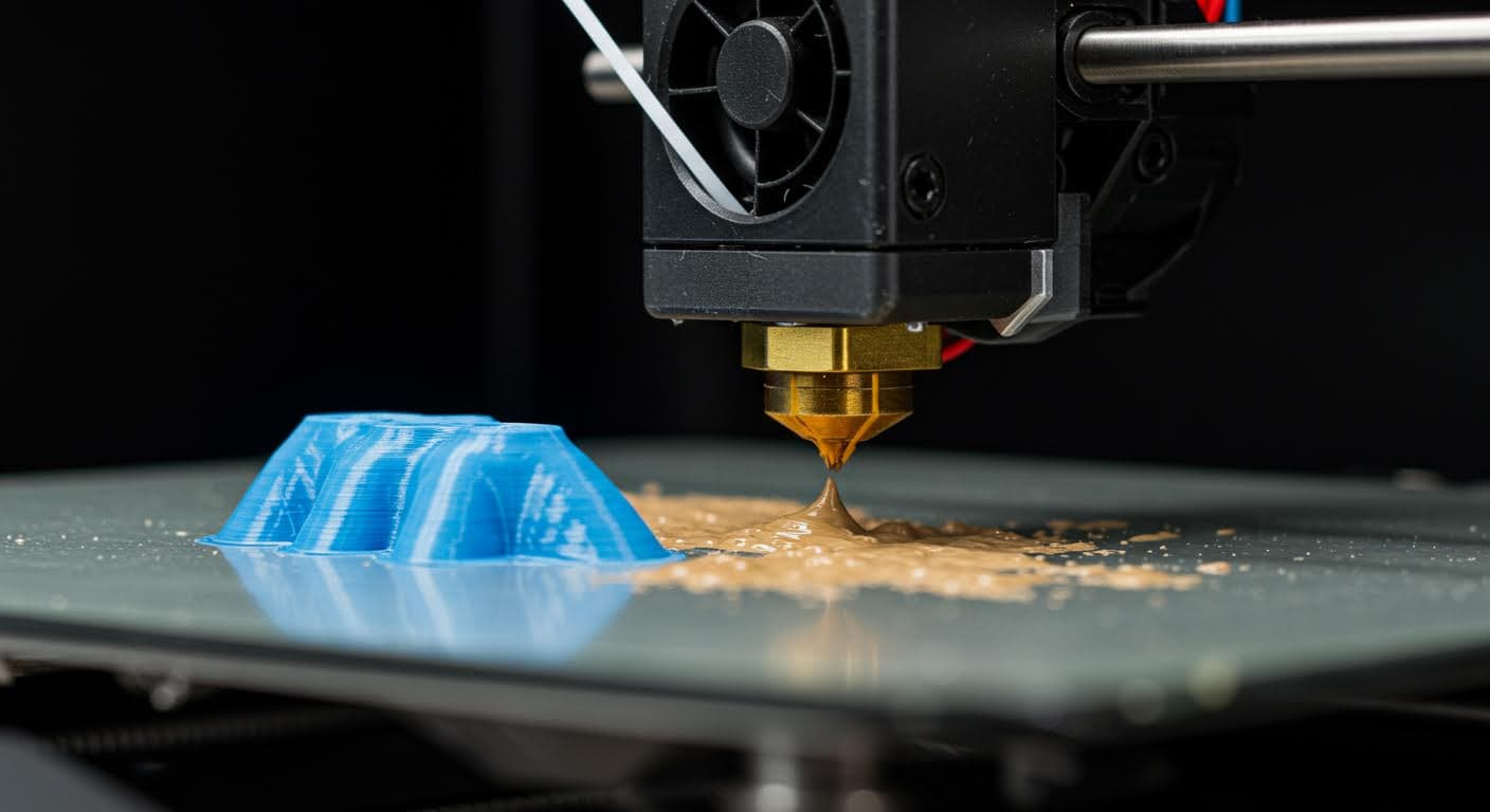 Close-up of a 3D printer nozzle extruding molten PLA filament onto a heated build plate, capturing the smooth flow and layer adhesion in high detail.
