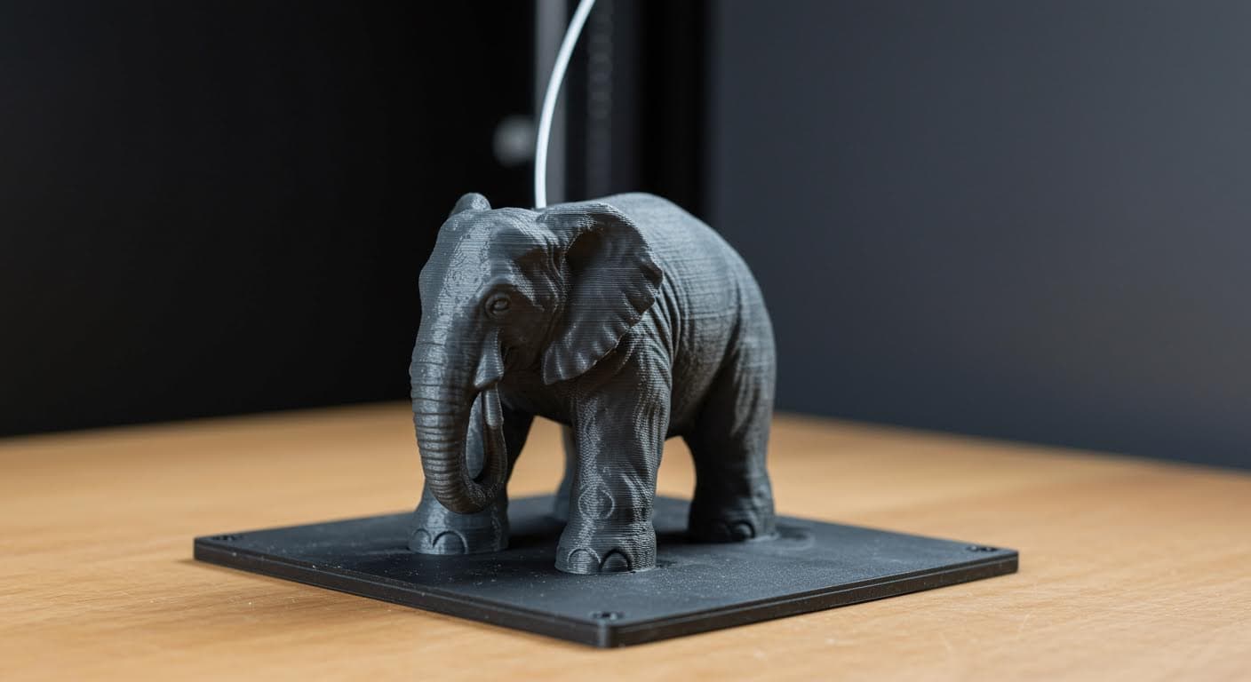 Detailed view of a printed PLA object exhibiting elephant's foot deformation at the base, shown against a neutral background with industrial lighting.