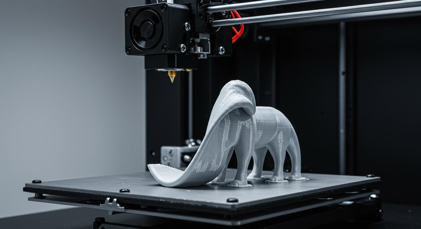 Side profile of a warped PLA model lifting from the print bed, highlighting corner curling in a professional studio setup.