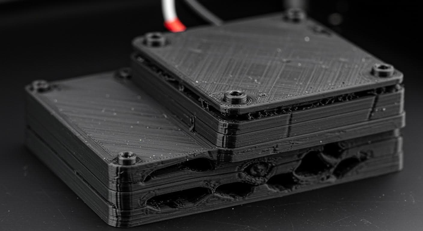 Macro shot of under-extruded layers in a PLA print, revealing gaps and thin walls without any labels or text.