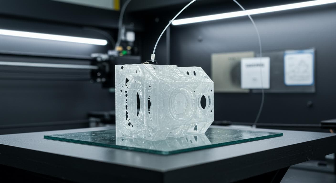 Nahaufnahme eines transparenten 3D-gedruckten Objekts mit glatter, glasähnlicher Oberfläche