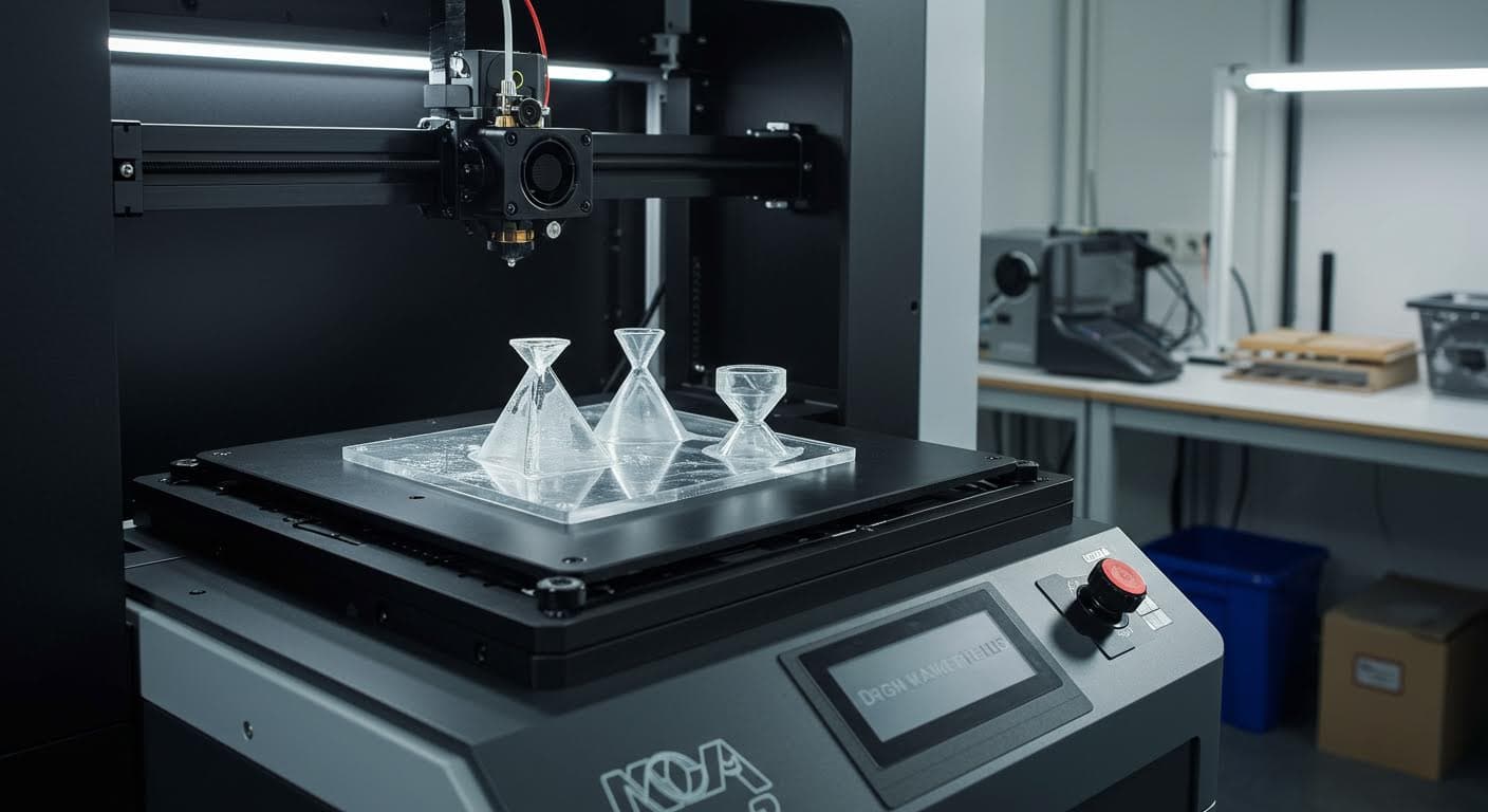 Industrielles SLA-Druckbett mit mehreren klaren, präzisen Teilen darauf