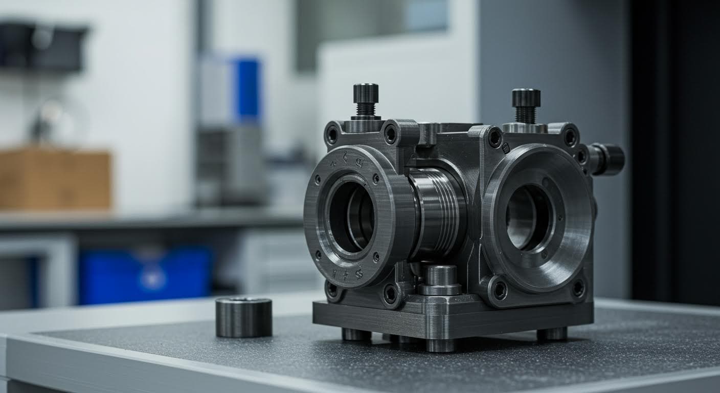 Close-up photograph of precision-engineered 3D-printed parts assembled into a mechanical component, showcasing tolerances and fits in a clean workshop environment.