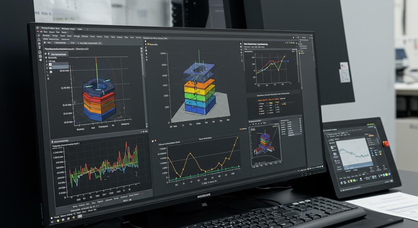 Detailed image of simulation software interface displaying tolerance stackup models, visualized through graphs and 3D renders without textual elements.