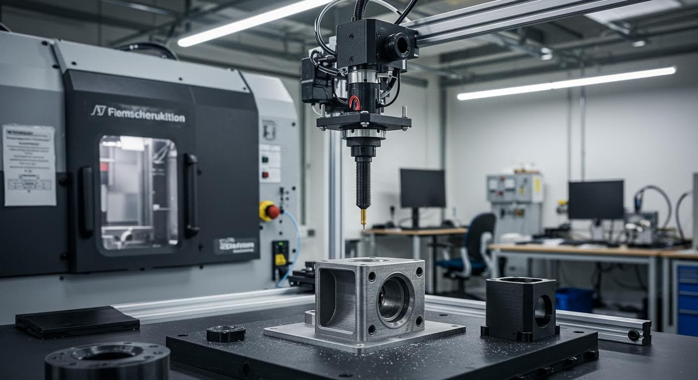 Industrial photography of 3D-printed prototypes being tested for fit and function, highlighting material textures and assembly processes.