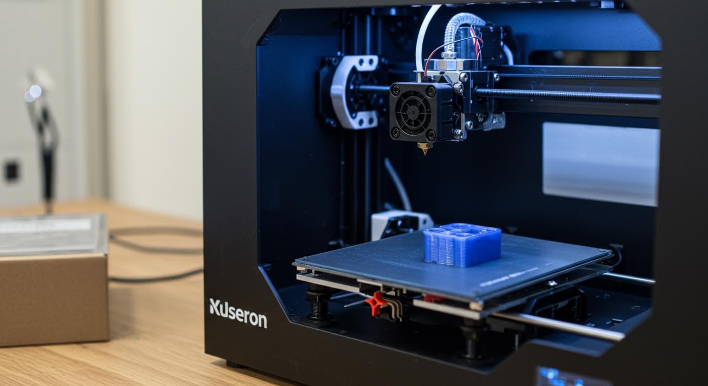 Hochauflösendes Foto eines 3D-Druckers mit PLA-Filament in Aktion, fokussiert auf das Hotend und das Druckbett