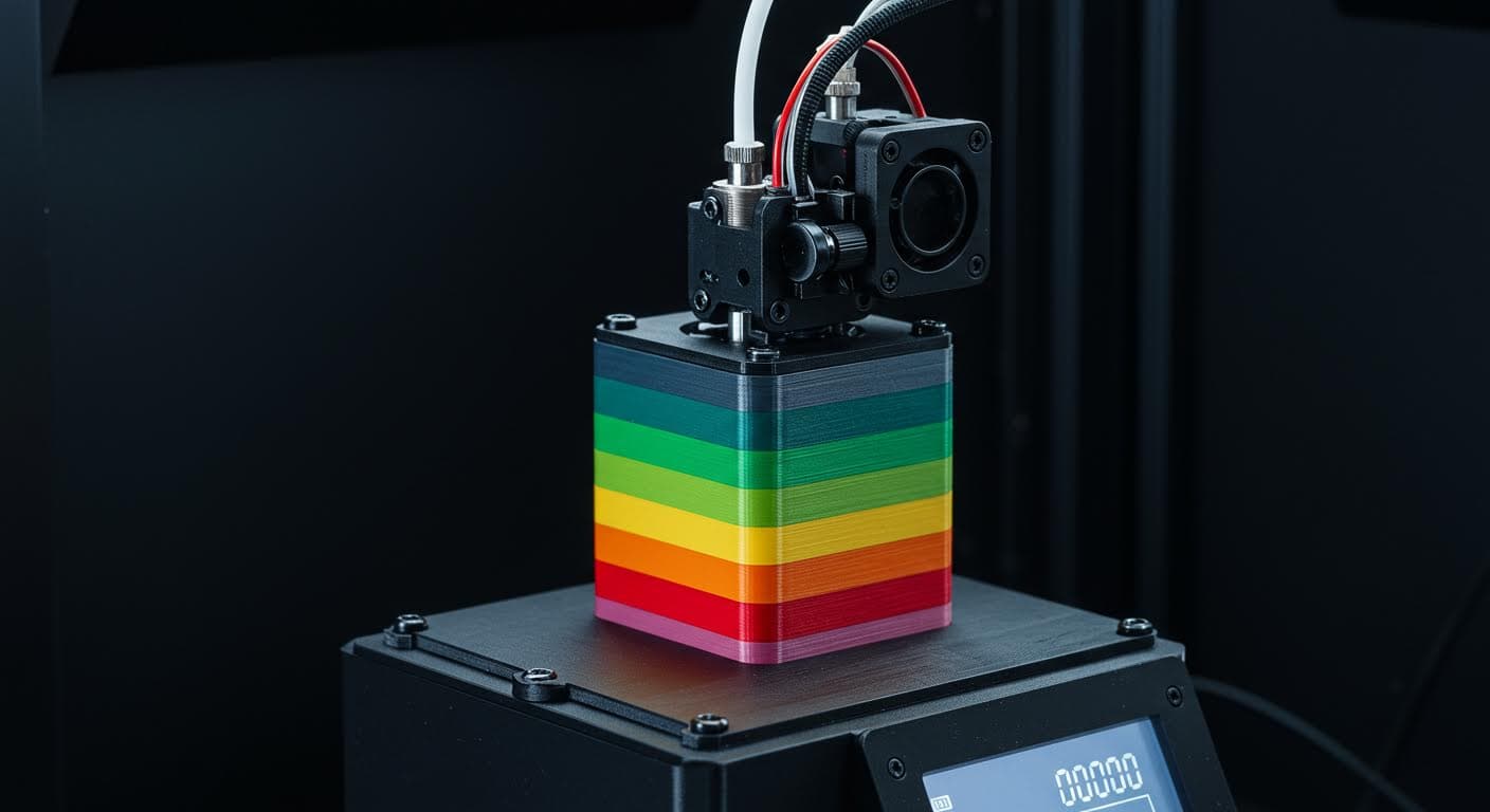Detailansicht eines Temperatur-Towers mit variierenden Schichten aus PLA-Material, professionelle Industriefotografie