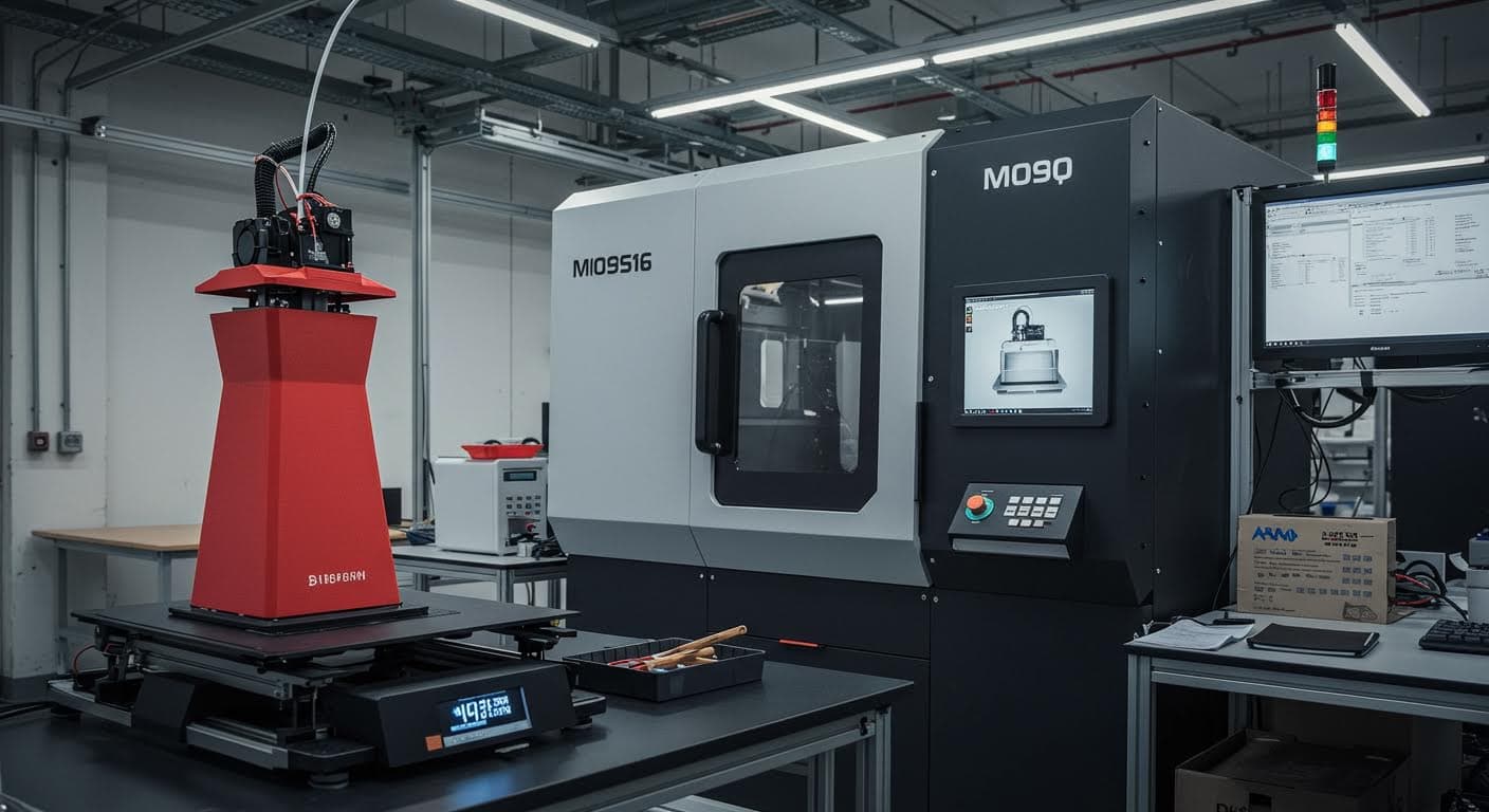 Industrieller 3D-Drucker in einer modernen Fertigungshalle, Fokus auf Equipment und Ergebnisse