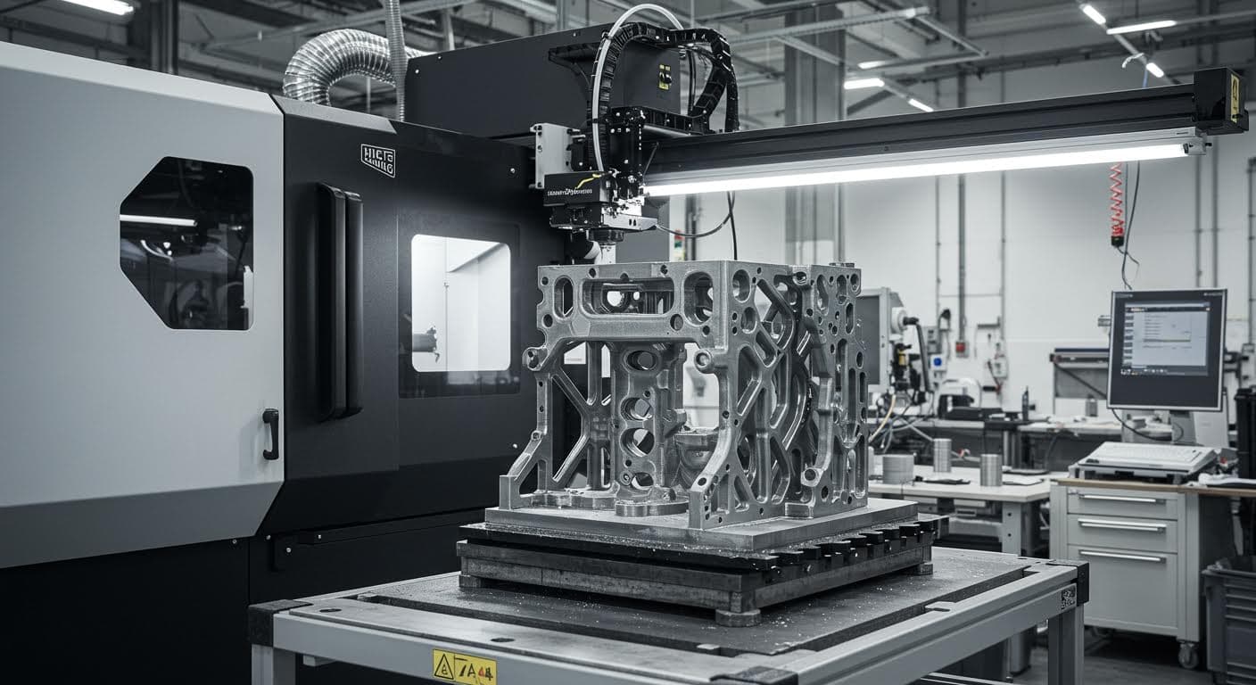 Hochauflösendes Foto eines modernen 3D-Druckers, der ein komplexes Bauteil aus Metall fertigt, in einer industriellen Halle mit Fokus auf die Druckdüse und Schichtenbildung, professionelle Beleuchtung, keine Texte oder Logos