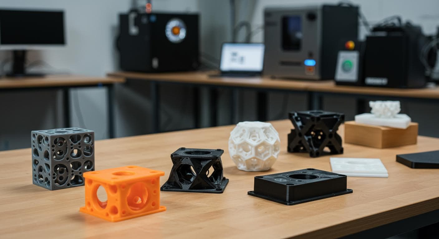 Visuelle Darstellung mehrerer 3D-gedruckter Prototypen auf einem Tisch, variierende Materialien wie Kunststoff und Metall, magazin-qualität, reiner Fokus auf Objekte ohne Beschriftungen