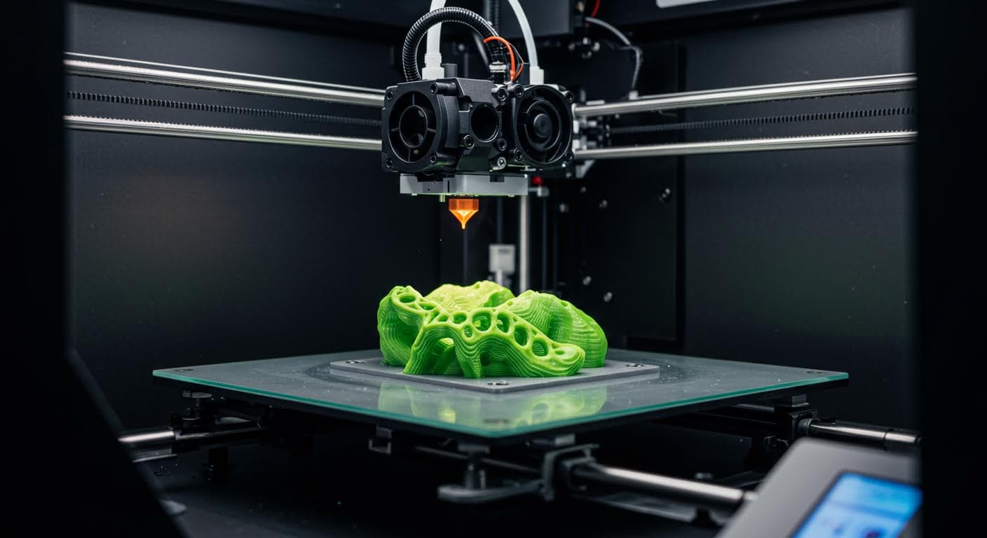 A high-resolution photograph of a 3D printer actively printing a intricate medical implant using biocompatible resin, focusing on the layered buildup process in a clean industrial setting, no text or labels.