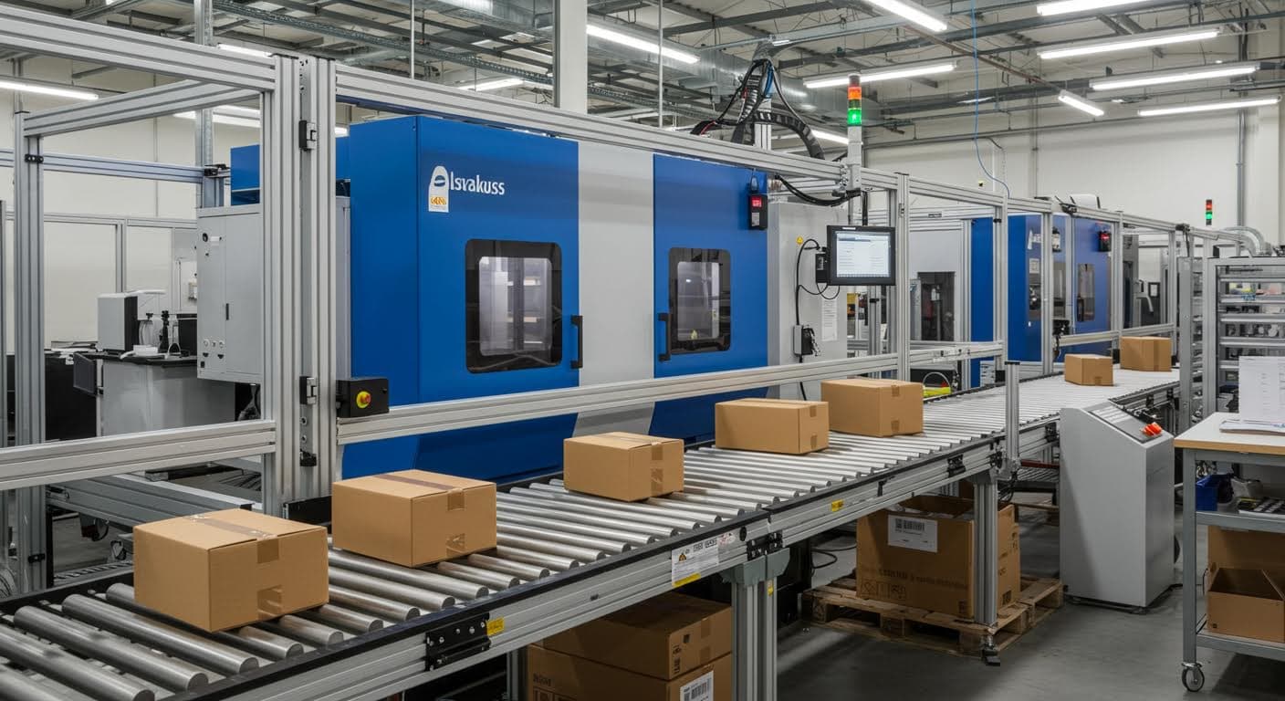 Industriefotografie eines Lieferprozesses, mit Paketen auf einem Förderband in einem Lagerhaus, Betonung auf Logistik-Elemente, hochauflösend und textfrei