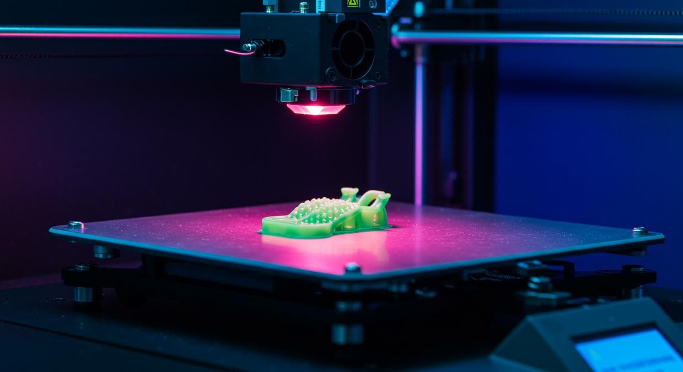 Close-up view of biocompatible resin being cured under UV light in an SLA 3D printer, showcasing the smooth surface finish and precision details of a small medical component, professional quality without any inscriptions.