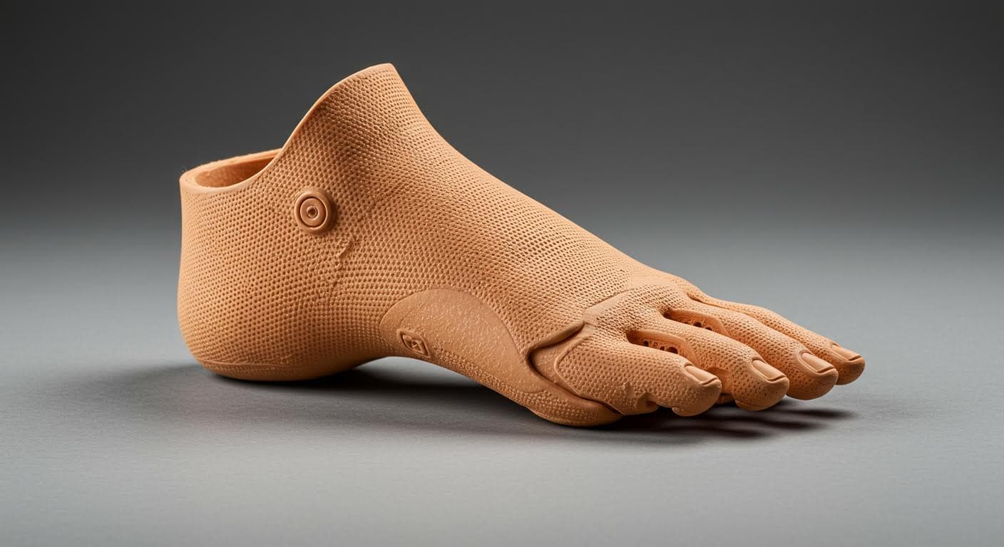 Detailed image of a finished 3D-printed prosthetic limb made from biocompatible materials, displayed on a neutral background to highlight texture and form, magazine-style photography with no text elements.