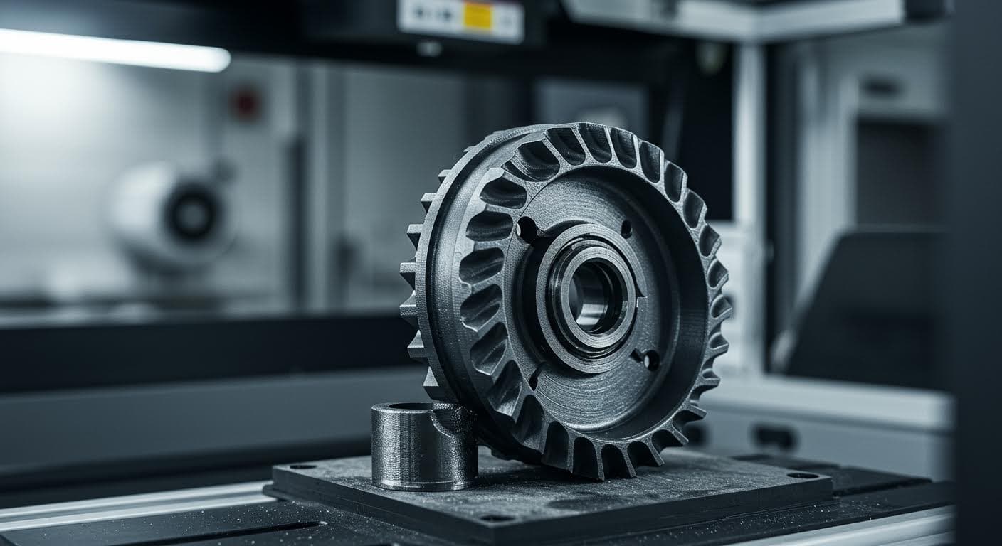 Nahaufnahme von additiv gefertigten Teilen, wie Zahnrädern aus Titan, detaillierte Oberflächenstruktur sichtbar, professionelle Makrofotografie ohne jegliche Schriften