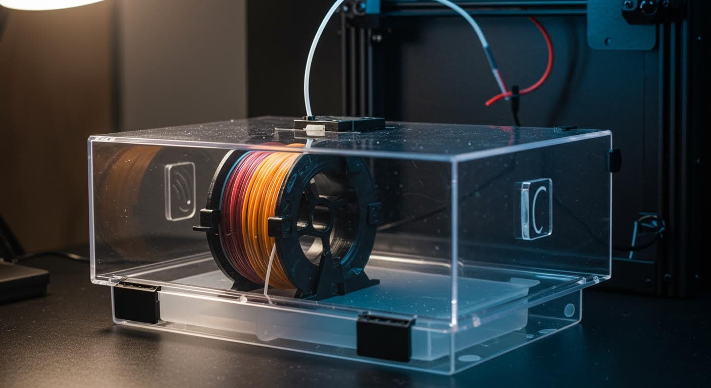 Nahaufnahme eines glänzenden PLA-Filaments auf einer Spule in einer transparenten Trockenbox, beleuchtet von weichem Licht, professionelle Industriefotografie