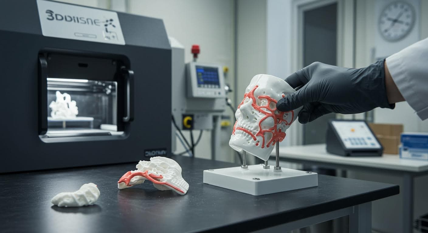 Industrial scene showing a 3D-printed surgical model being handled in a lab environment, emphasizing the accuracy and anatomical details, high-definition without logos or labels.