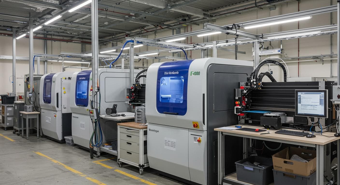 Bild eines Maschinenparks in einer 3D-Druck-Fabrik, mehrere Drucker im Betrieb, industrielle Atmosphäre mit Metallrahmen und Kabeln, hohe Qualität, keine Labels oder Texte