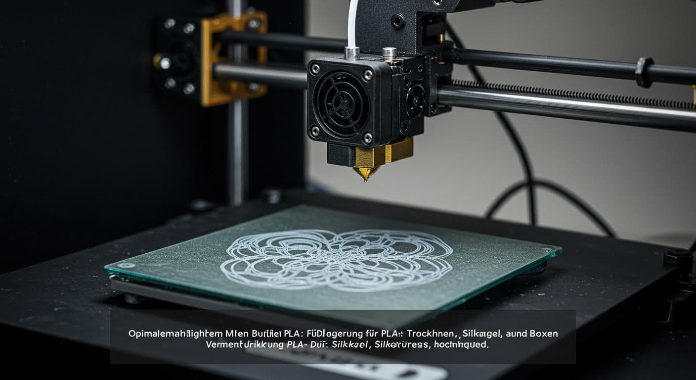 Vergleichsaufnahme eines 3D-Druckers, der mit feuchtem und trockenem PLA druckt, Fokus auf die Nozzle und entstehende Strukturen, hochauflösend