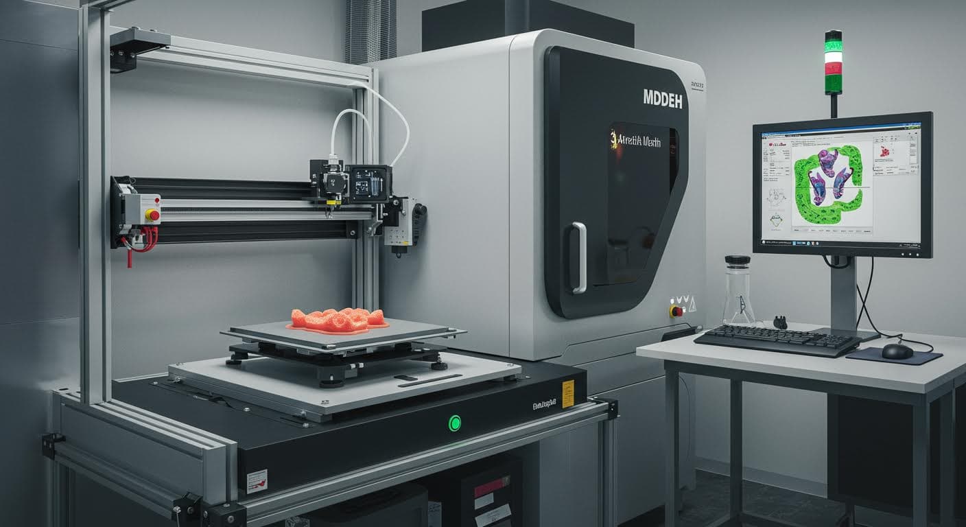 Futuristic visualization of an in-vivo 3D printing setup for tissue engineering, capturing the equipment and printed scaffolds in action, pure visual representation in high resolution, no written content.