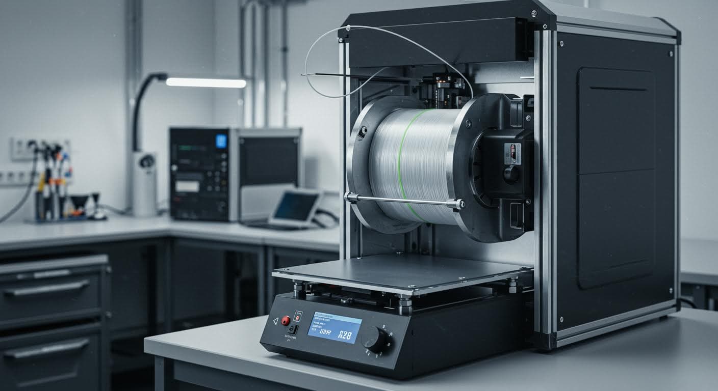 Dedizierter Filamenttrockner mit Heizelementen und Spule im Inneren, industrielle Umgebung ohne Labels