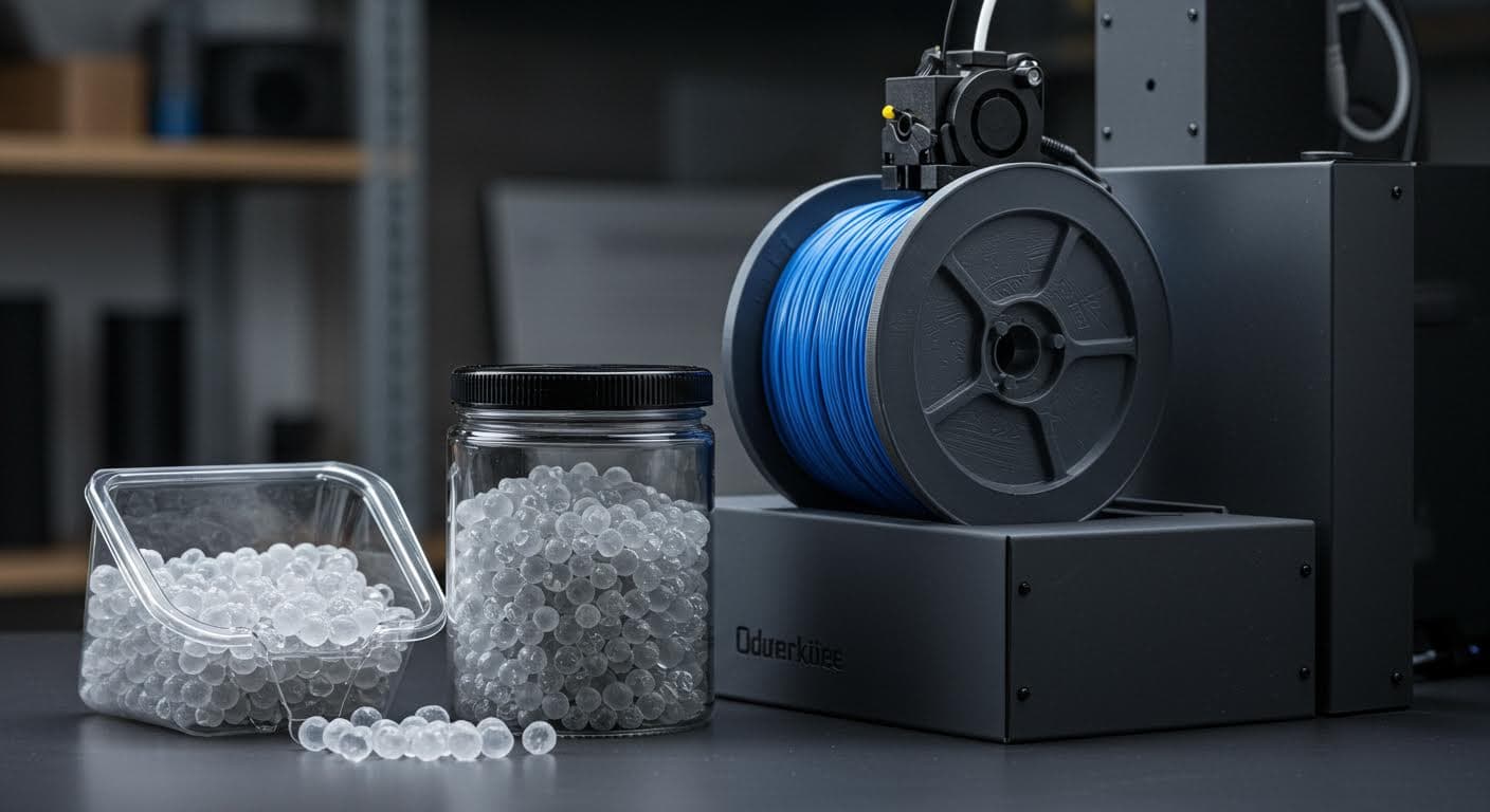Silikagel-Perlen in einem offenen Beutel neben einer Filamentspule in einer Lagerbox, klare visuelle Darstellung der Adsorption