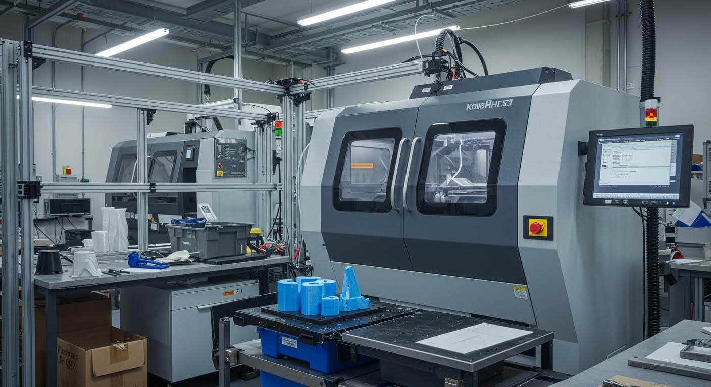 Industrielle Szene mit 3D-gedruckten PLA-Teilen in einer Fertigungsanlage, Fokus auf Technologie und Produkte