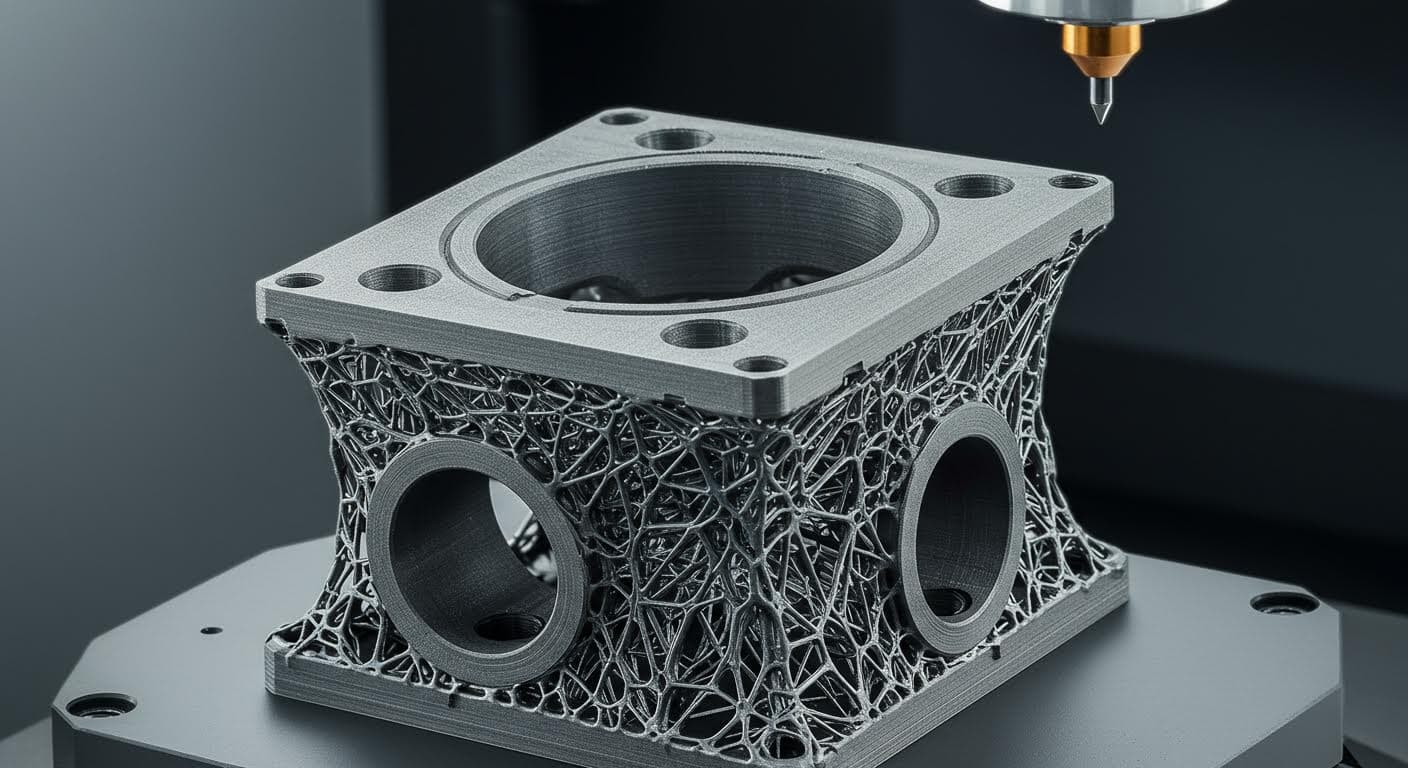 Close-up of a 3D-printed metallic part with thin structural webs and precise holes, highlighting material integrity in an industrial setting.