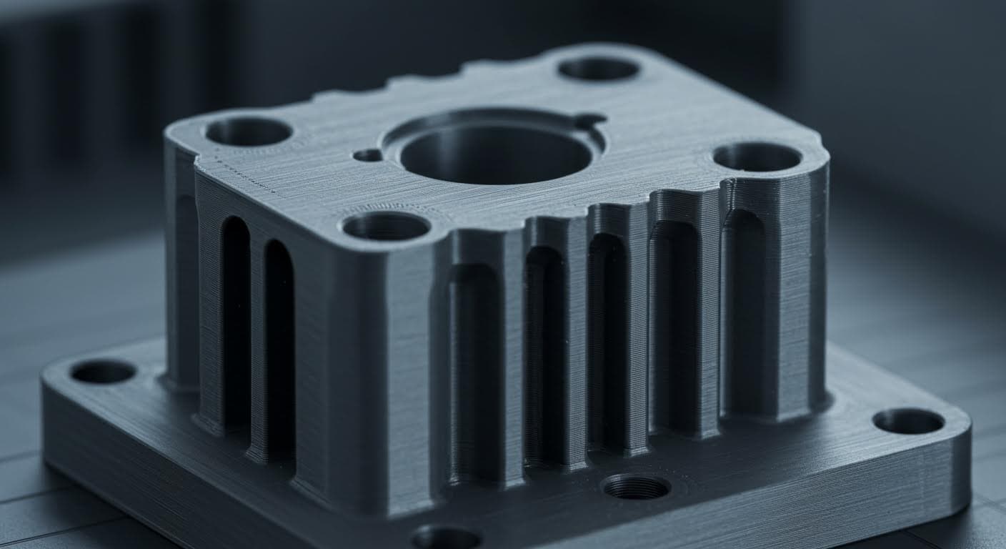 Detailed view of a polymer 3D-printed component featuring minimal diameter bores and supportive ribs under magnification.