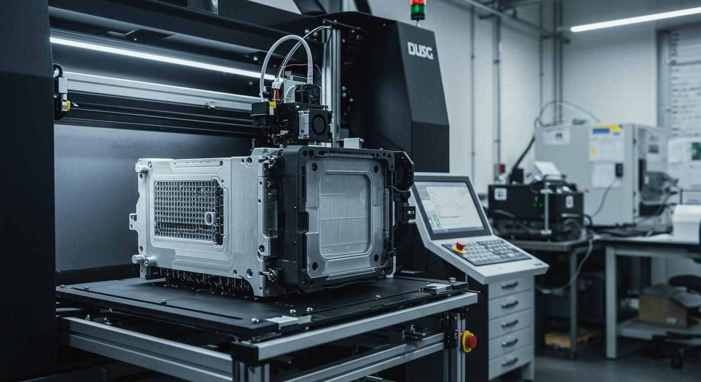 Hochauflösende Aufnahme eines 3D-gedruckten Elektronikgehäuses mit sichtbaren leitfähigen Schichten in industrieller Umgebung