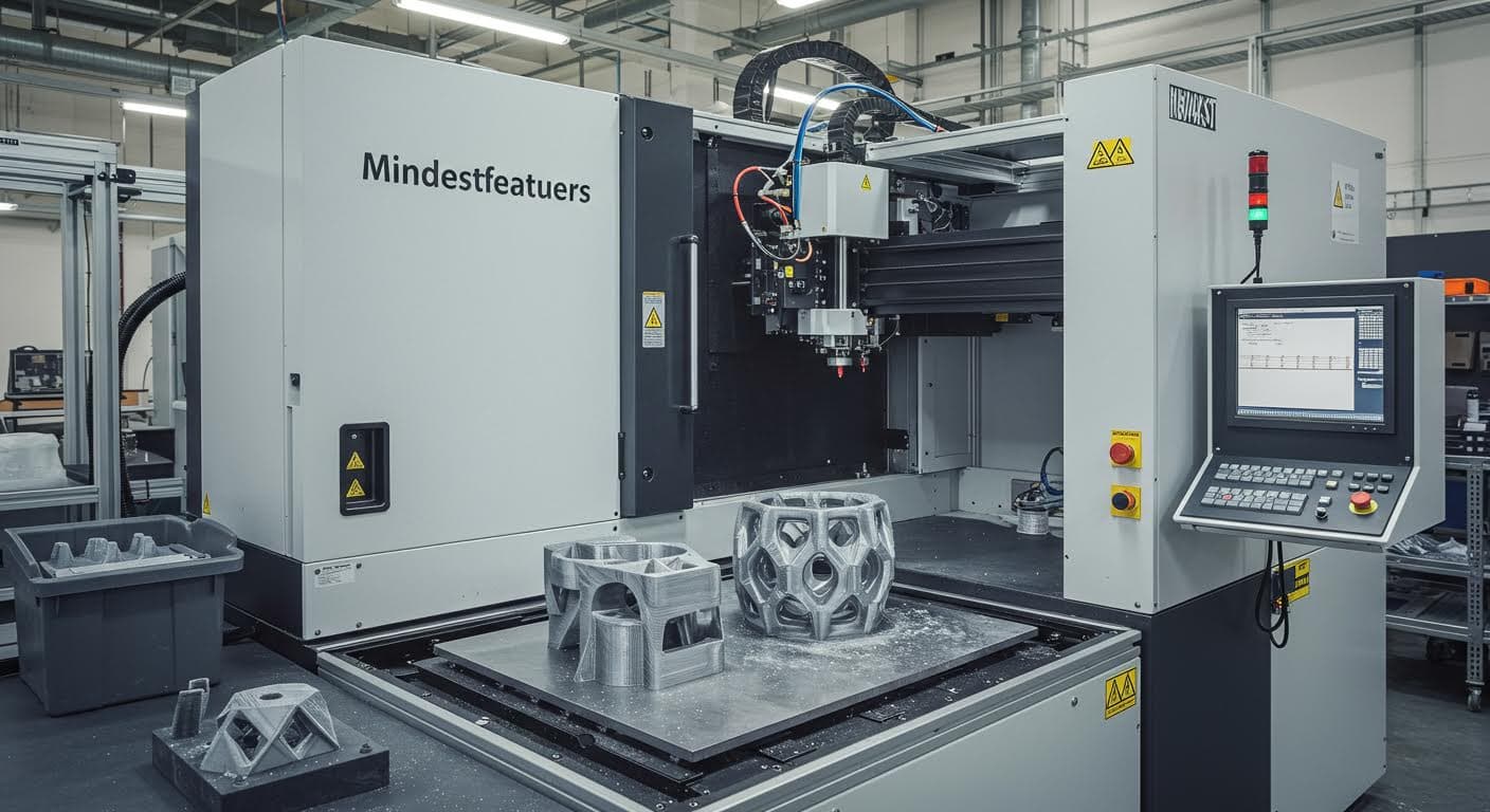 Professional photograph of 3D printing machinery producing complex geometries with fine features in a factory environment.