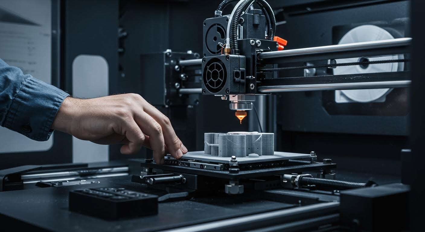 Professionelle Fotografie eines FDM-3D-Druckers beim Verarbeiten von ESD-sicherem Filament, Fokus auf den Druckkopf