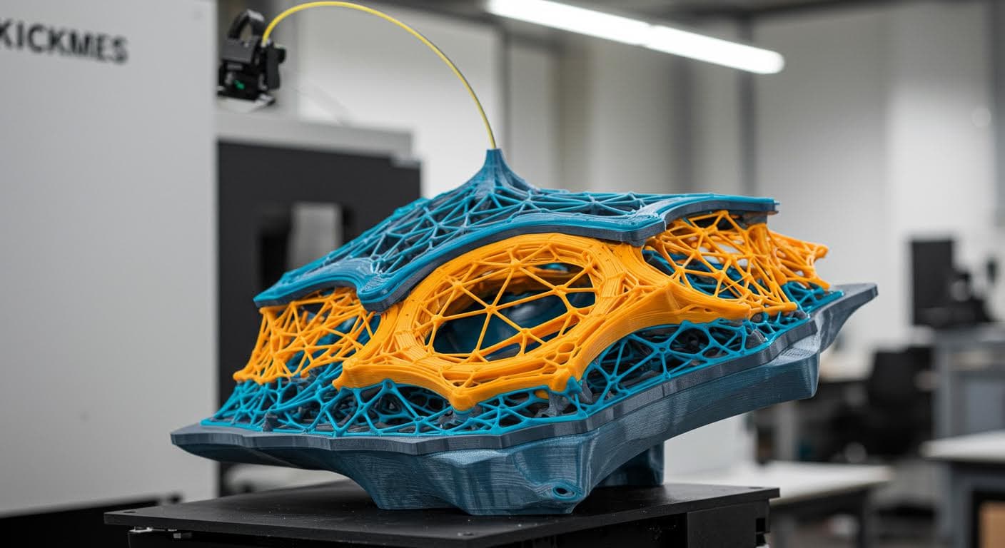 Abstract visualization of layered 3D-printed structures emphasizing thin connections and perforations in various materials.