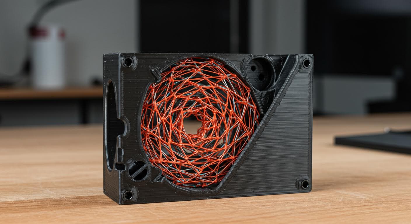 Close-up of a 3D-printed PLA object showing internal infill structure in a gyroid pattern, high-resolution industrial photography