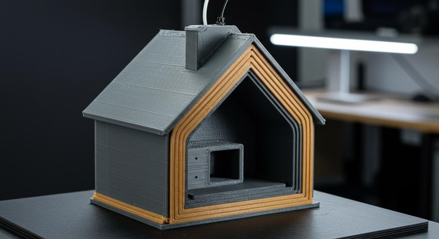 Side view of layered PLA walls in a printed household item, focusing on thickness and stability, professional quality without any text