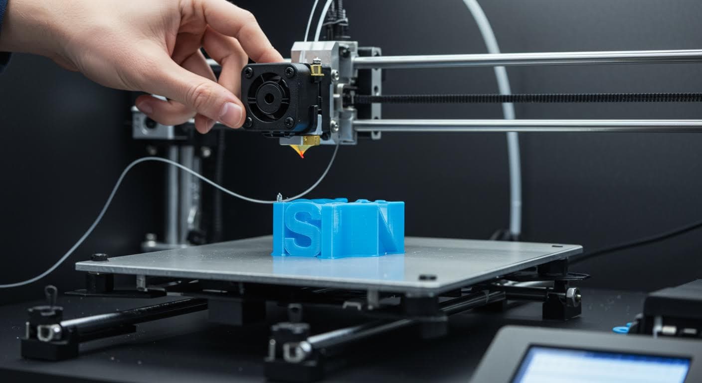 3D printer extruding PLA filament onto a build plate, emphasizing the FDM process in a clean workshop setting
