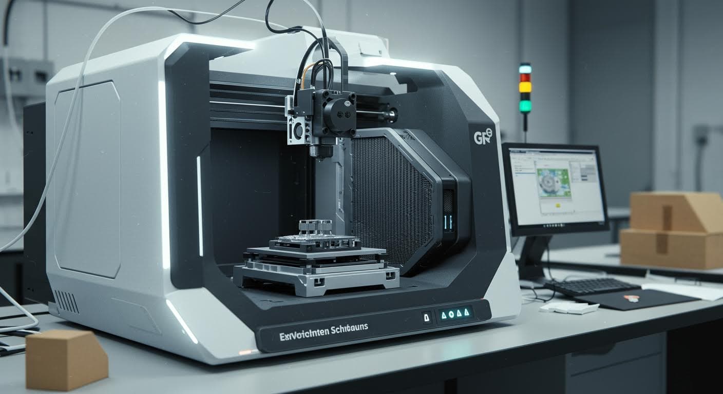 Futuristisches Bild eines adaptiven 3D-gedruckten Gehäuses, das auf Umwelteinflüsse reagiert, magazinqualität