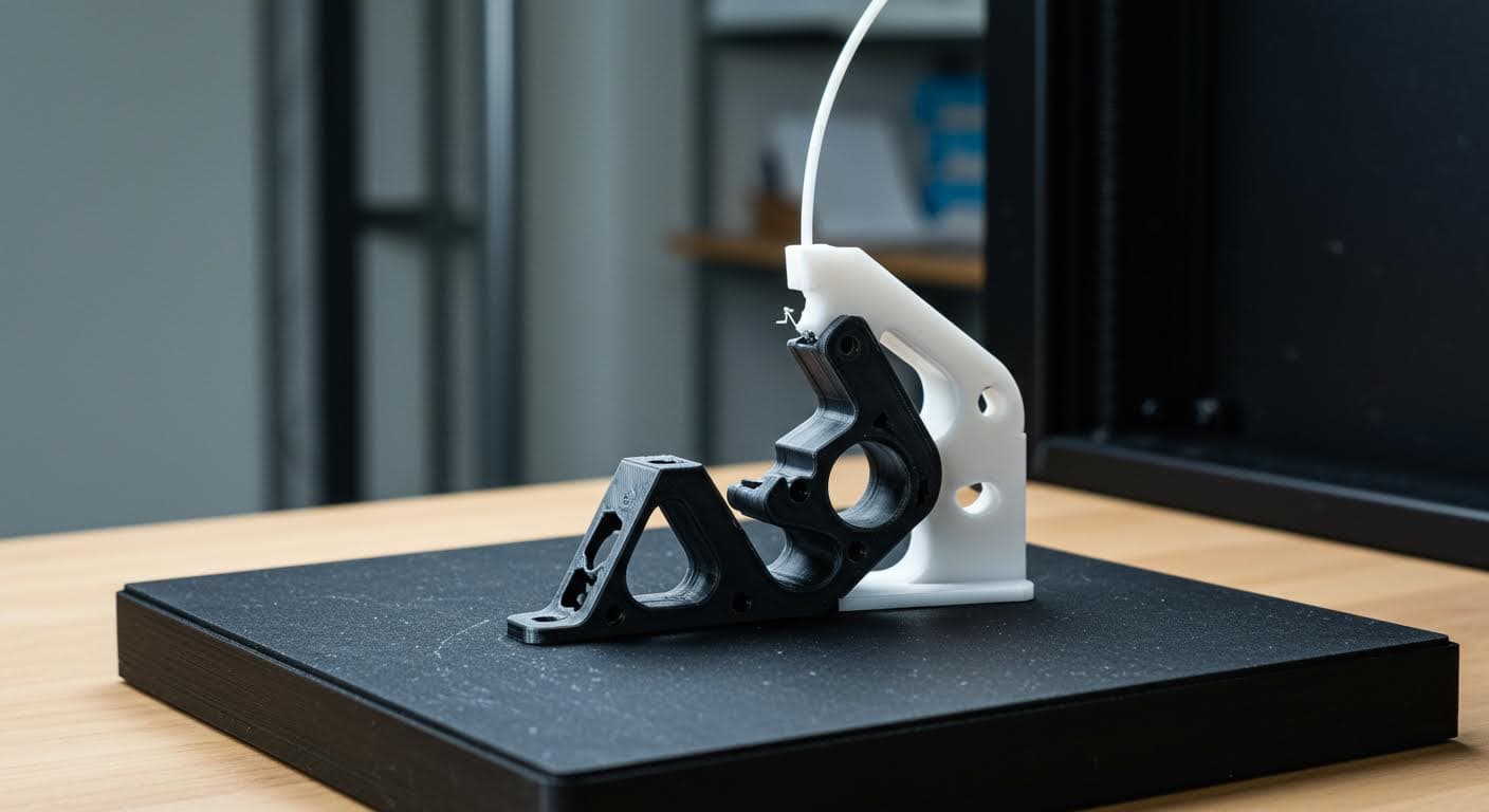 Mechanical stress test on a PLA part, showing bending without fracture, pure visual representation