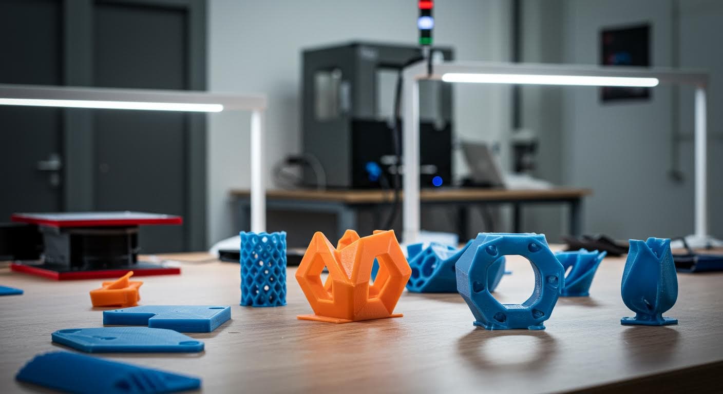 Array of optimized PLA prototypes on a table, highlighting efficient infill and wall designs in an industrial environment